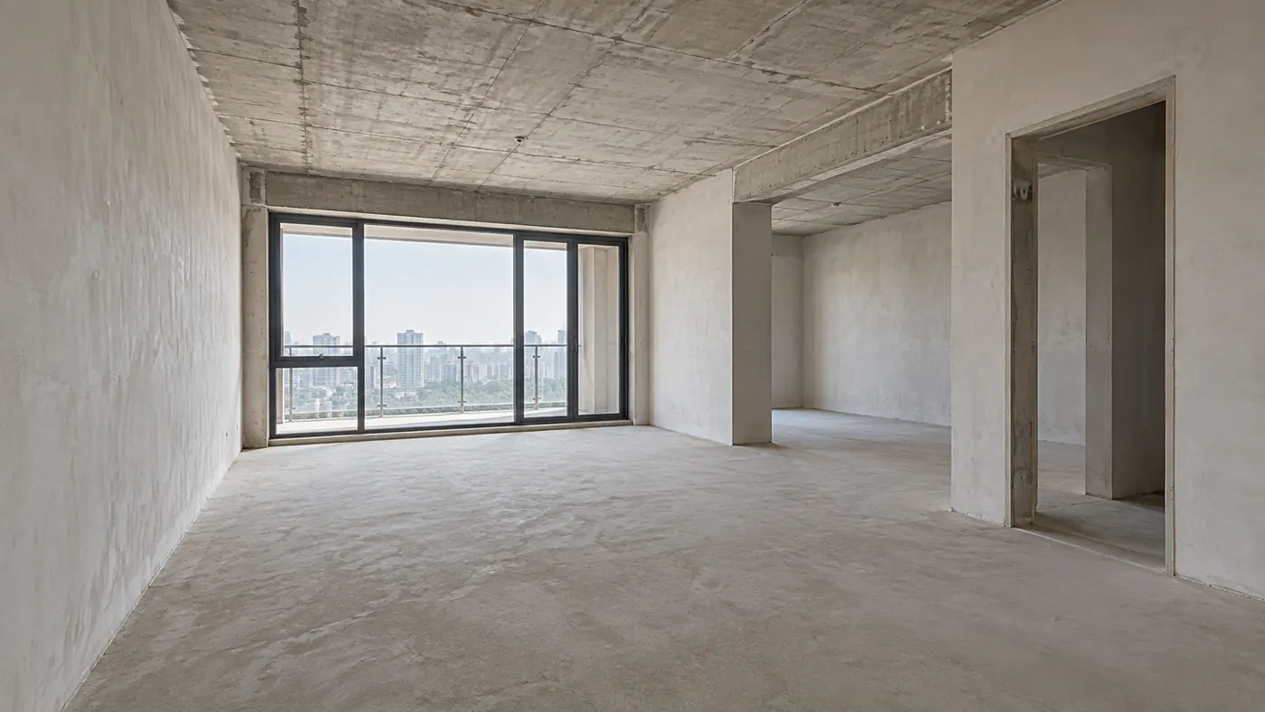 新房装修对比示意：交房毛坯状态的客餐厅，水泥地面与裸露天花
